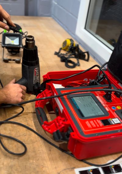 Elektrische Sicherheitsprüfung bei PGZ GmbH: Messgerät im Einsatz zur rechtssicheren Prüfung von Betriebsmitteln